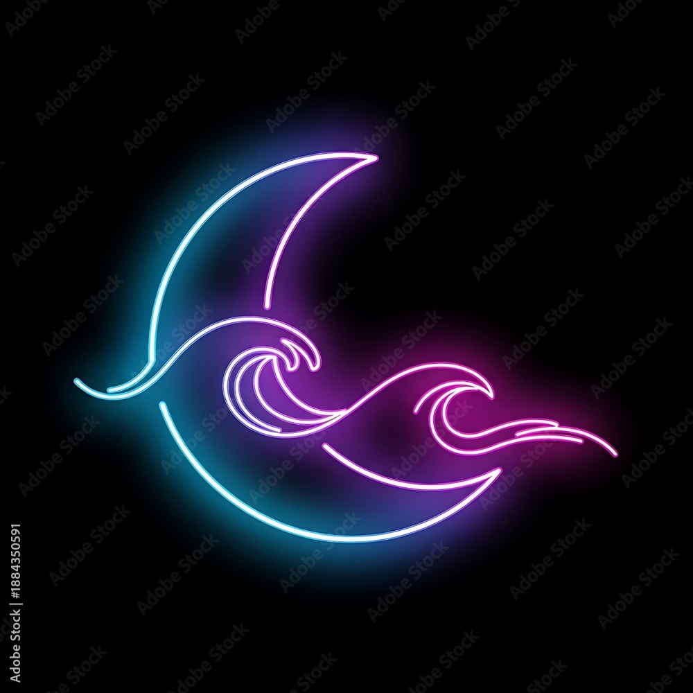 Obraz premium Abstract neon waves and moon crescent design with vibrant cyan and magenta glow