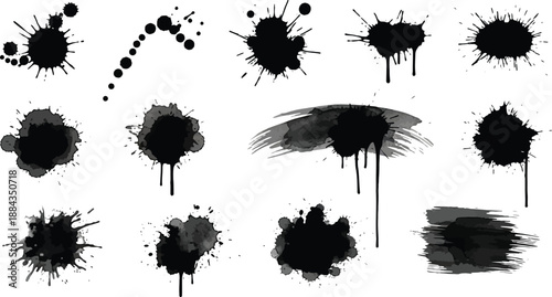 Collection of black ink splatters and stains on a white background