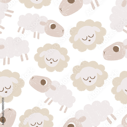 Hand drawn seamless pattern with various painted chalk sheeps.