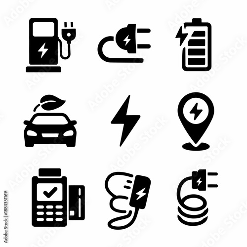 Electric Vehicle Charging Station Icons EV Car and Battery Charging Symbols