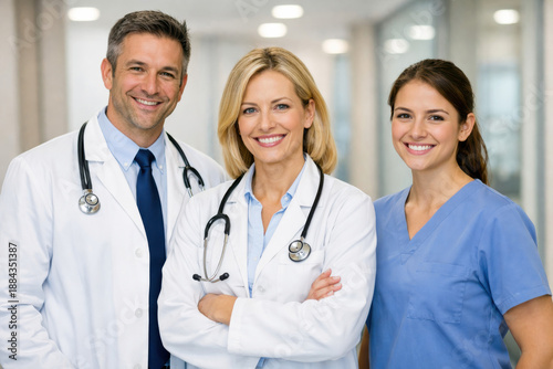 Smiling medical team portrait with male doctor and two female clinicians in modern hospital corridor wearing stethoscopes and scrubs showing professional healthcare staff and patient care trust