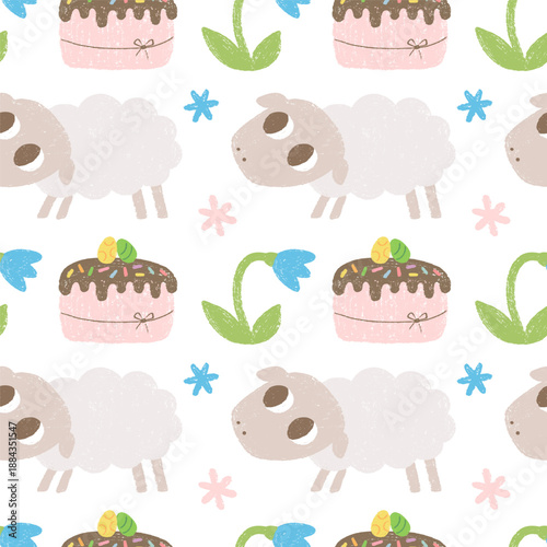 Chalk drawn seamless pattern with Easter cake, sheep, snowdrop.