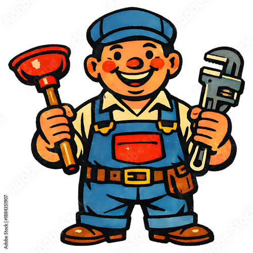 Smiling Plumber with Tools: A cheerful plumber, brandishing tools of the trade, embodies the spirit of skilled craftsmanship, ready to tackle any plumbing challenge.