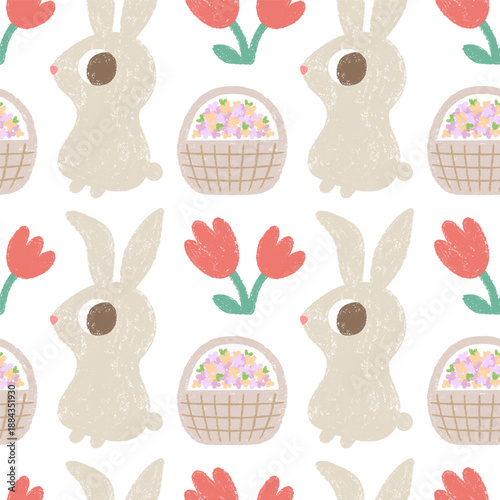 Children's seamless pattern with rabbit, tulips, basket with spring flowers