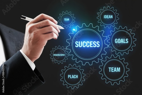 A hand in a business suit drawing a glowing blue success concept with gears and keywords on a blackboard