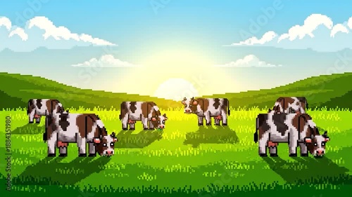 Pixelated illustration of cows grazing in a green field during sunset, with pixelated sun and clouds