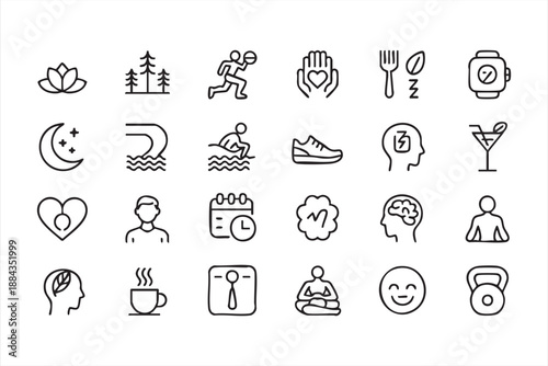 Mental health and mindfulness outline symbols for holistic health platforms