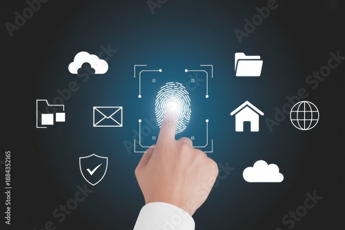 A hand with a white shirt sleeve touches a glowing fingerprint icon surrounded by various digital security symbols on a dark blue background.