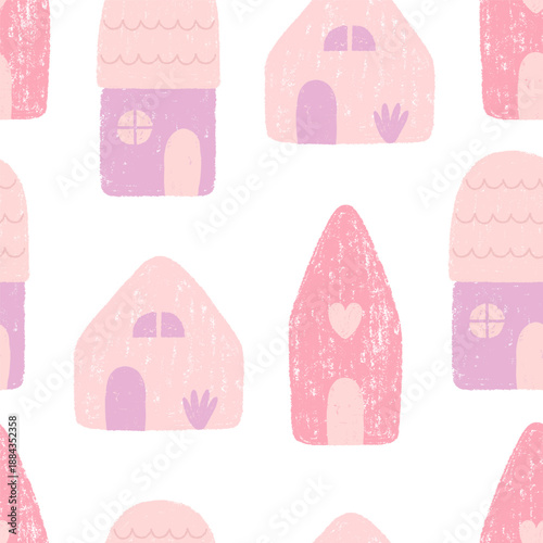 Cute little houses in kids style drawn with chalk, seamless pattern