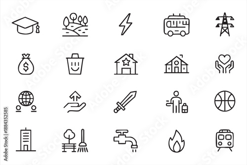 Community development outline icons for social engagement dashboards