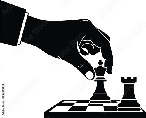 Silhouette of a hand moving a black chess king piece across a small chessboard next to a rook piece.