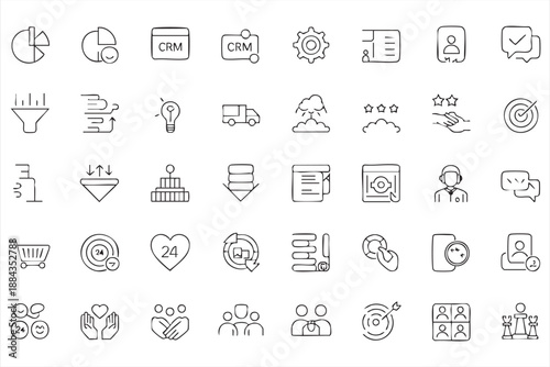 Business Analytics CRM Line Icons for Reporting Dashboards, Data Management Tools