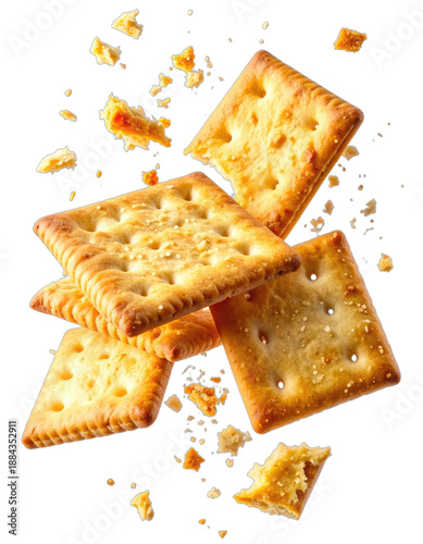Golden square crackers suspended in mid-air with crumbs scattered.