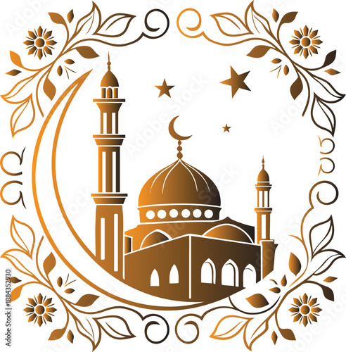 Beautiful Islamic mosque with crescent moon and floral border, ideal for Ramadan, Eid, and Islamic celebrations, symbolizing faith and tradition