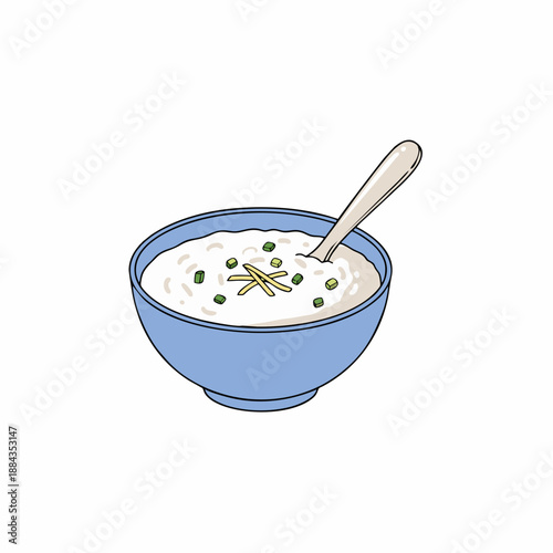 Vector Illustration of a Bowl of Savory Rice Congee Breakfast Isolated on White.