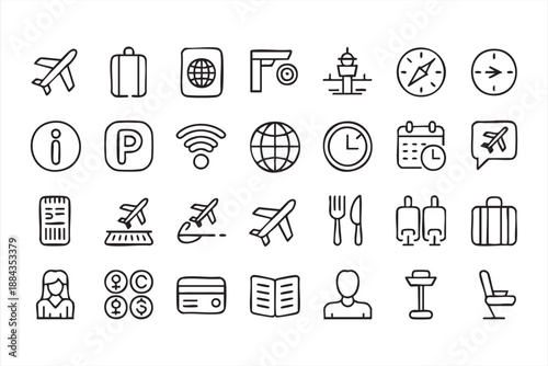 Airport Navigation Line Icons for Flight Booking Apps, Passenger Service Dashboards