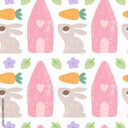 Cute chalk drawn seamless pattern with bunny, carrot, house, flower.