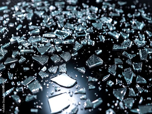 Shattered glass shards scattered across a dark, broken surface, reflecting a distorted light,  background,  glass