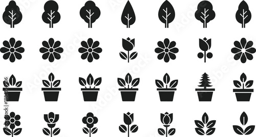 Minimal plant and flower icon illustration set with trees, leaves and potted plants, black nature vector collection for logo, app and graphic design