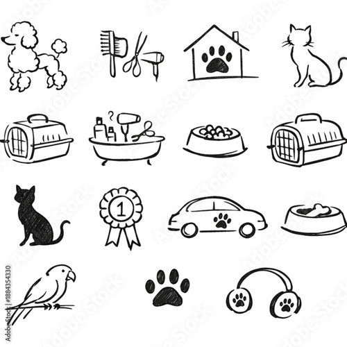 Pet Care Icon Collection: A hand-drawn ensemble of pet care icons, ranging from grooming tools and houses to various pet breeds, all delicately illustrated in a simple yet charming style. 