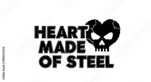Heart made of steel logo with skull and cracked texture on white background