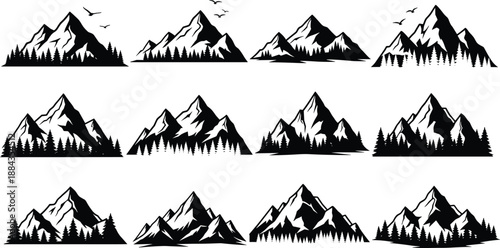 Mountain silhouette collection, alpine peaks with pine forests and birds, scenic outdoor wilderness landscapes, alpine peaks with pine forests and birds, scenic outdoor wilderness landscapes