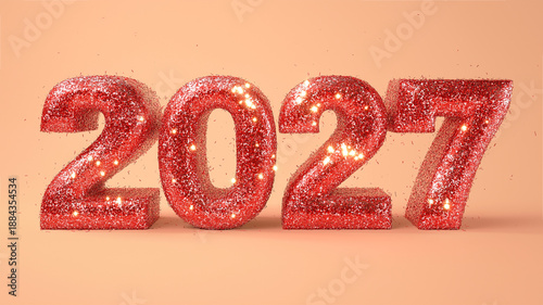 Realistic high quality 3d image of 2027 word made of glowing pink glitters and dust, sparkling with warm light. New Year banner for advertisement and announcements.
