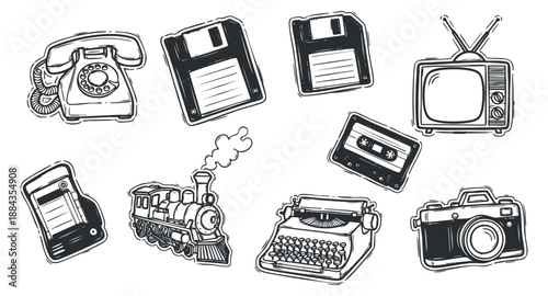 A collection of vintage technology icons including a telephone, floppy disks, a cassette tape, a television, and a typewriter in black and white outline vector style, ideal for retro-themed designs