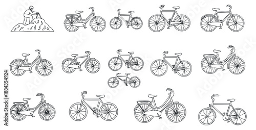 A collection of various bicycles in black and white line art style, ideal for cycling-themed projects and designs