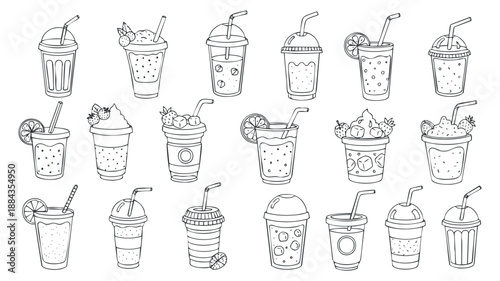 A set of various cold beverages including milkshakes, smoothies, and cocktails in black and white outline vector style, perfect for summer drink menus