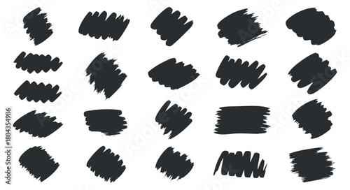 A collection of black paint brush strokes in a variety of shapes and sizes, perfect for artistic design projects