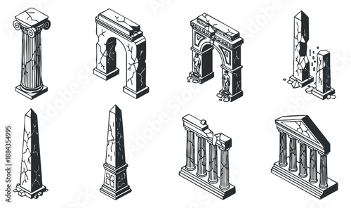 A collection of ancient ruins and columns in outlined vector style, suitable for historical design projects and architectural themes