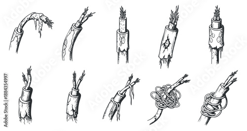 A collection of various damaged and broken electrical cables in black and white sketch style, suitable for technology and repair design projects