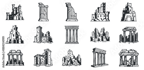 A collection of ancient architecture ruins and columns in detailed black and white vector style, ideal for historical themes and artwork.
