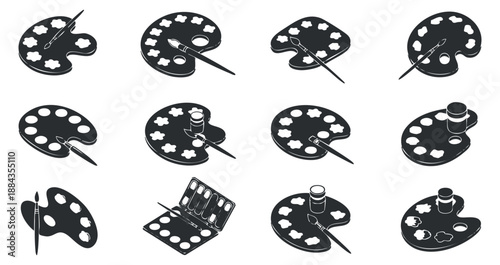 A collection of artist palettes with brushes and paint in black and white minimalist vector style, perfect for art and design projects