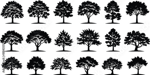 Tree silhouette collection with diverse deciduous forest shapes, black nature vector set for landscape design, botanical illustration, ecology branding projects