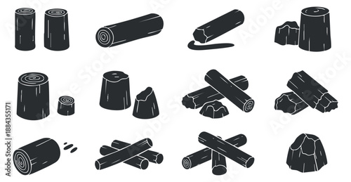A collection of various wooden logs and stumps in flat black vector style, suitable for nature-themed designs and illustrations