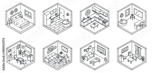 A collection of isometric interior room designs including a bedroom, kitchen, bathroom, and living area in minimalist vector style, ideal for architecture and design projects