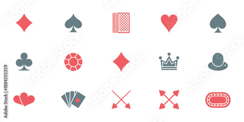 Casino and poker game icon set with suits chips crown hat and table modern design elements vector