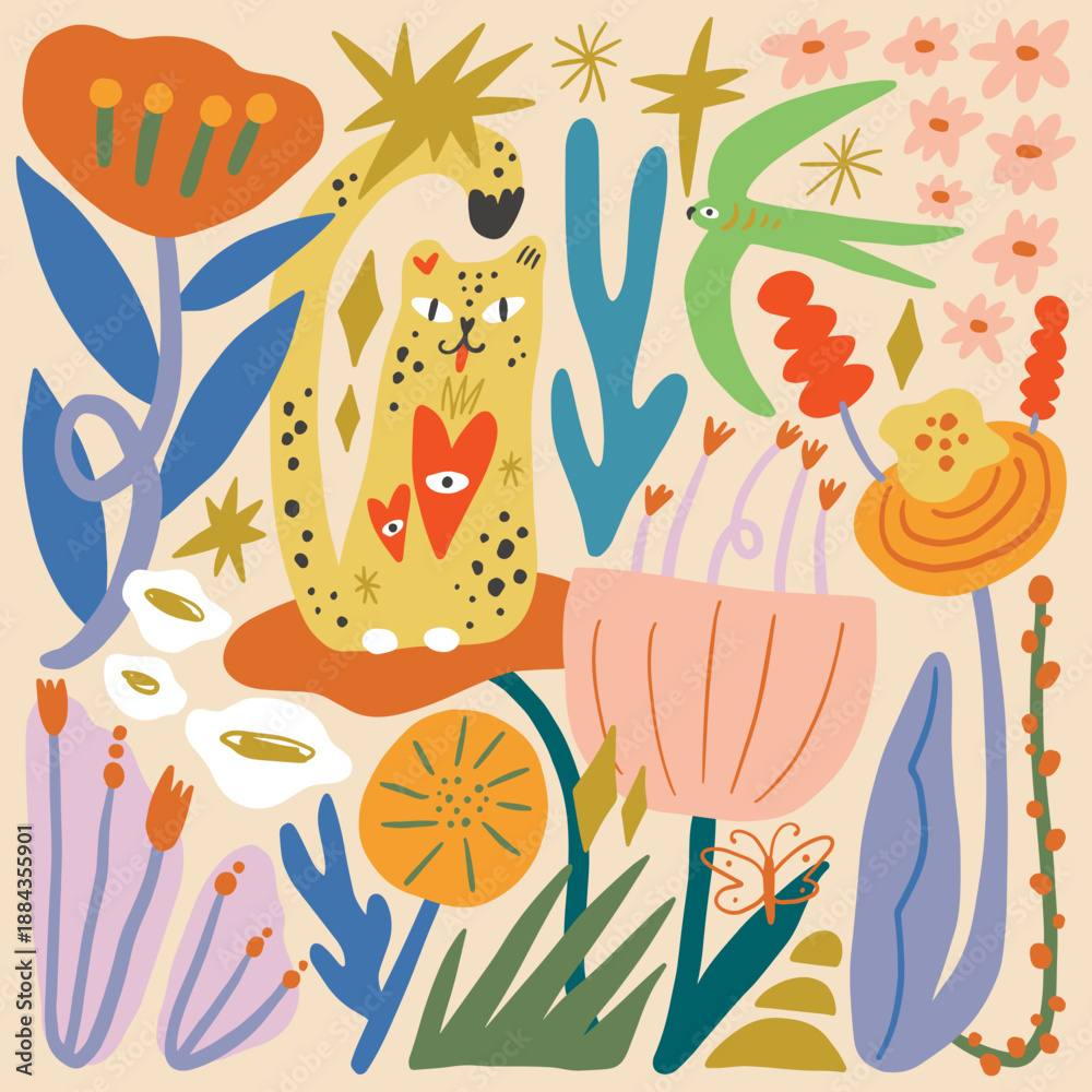 Obraz premium Whimsical doodle pattern cartoonish modern abstract boho jungle scene, adorable hand-drawn childish style groovy cartoon dry brush tropical animals leopard and bird flowers blossom handmade vector