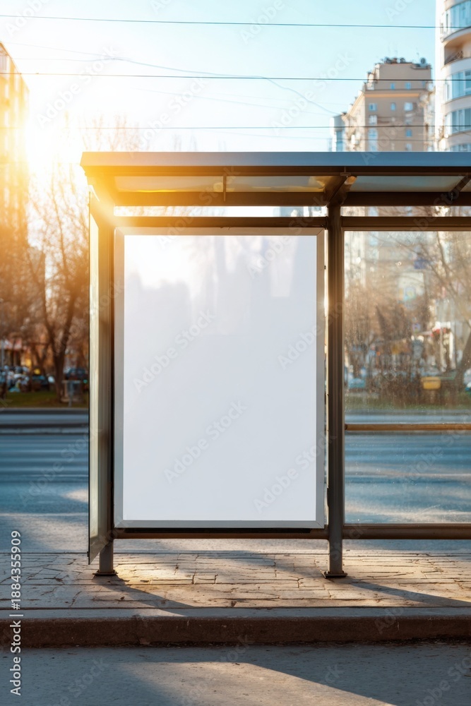 Fototapeta premium Sunlit bus stop with blank advertisement display on city street