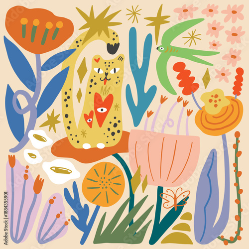 Whimsical doodle pattern cartoonish modern abstract boho jungle scene, adorable hand-drawn childish style groovy cartoon dry brush tropical animals leopard and bird flowers blossom handmade vector