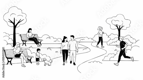 People enjoying a sunny day in the park illustration.