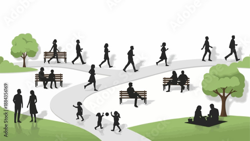 People enjoying various activities in a park setting.