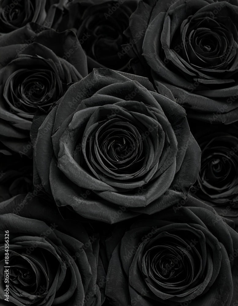 Fototapeta premium A close-up view of luxurious black roses arranged densely, showcasing intricate petal details