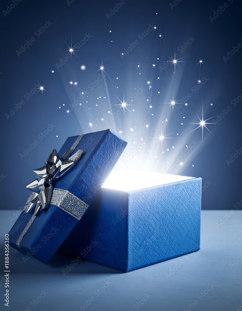 Fototapeta premium A shimmering blue gift box opens to reveal glowing light and sparkling stars inside