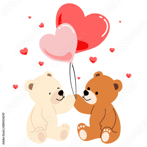 Adorable bear couple holding heart balloons, romantic valentine illustration, sweet love relationship concept.