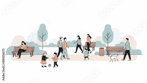 People enjoying a sunny day in a park with trees and benches.