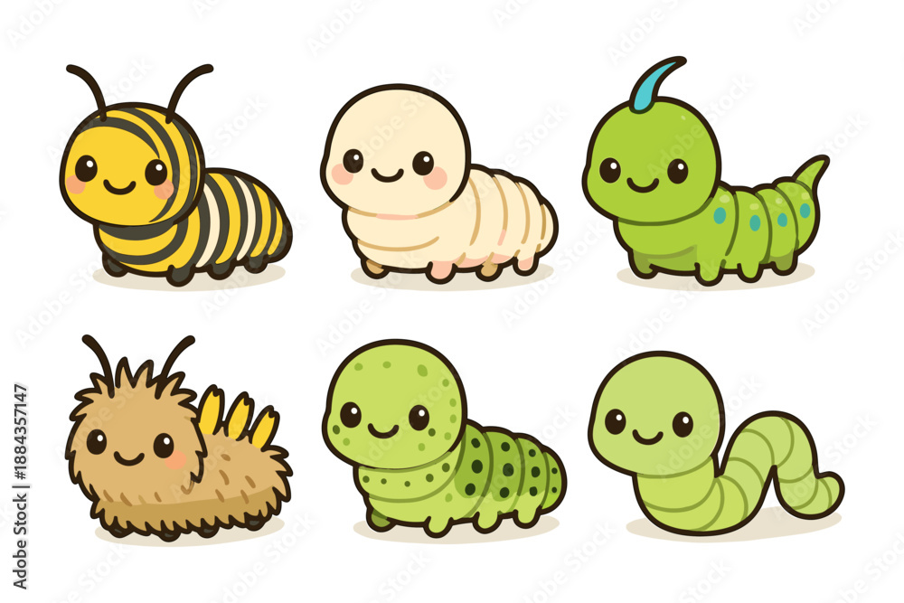 Fototapeta premium Cute Cartoon Caterpillars Collection