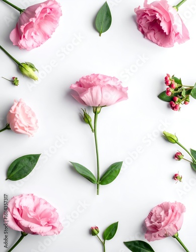 A delicate arrangement of pink flowers and leaves artfully designed on a clean white background
